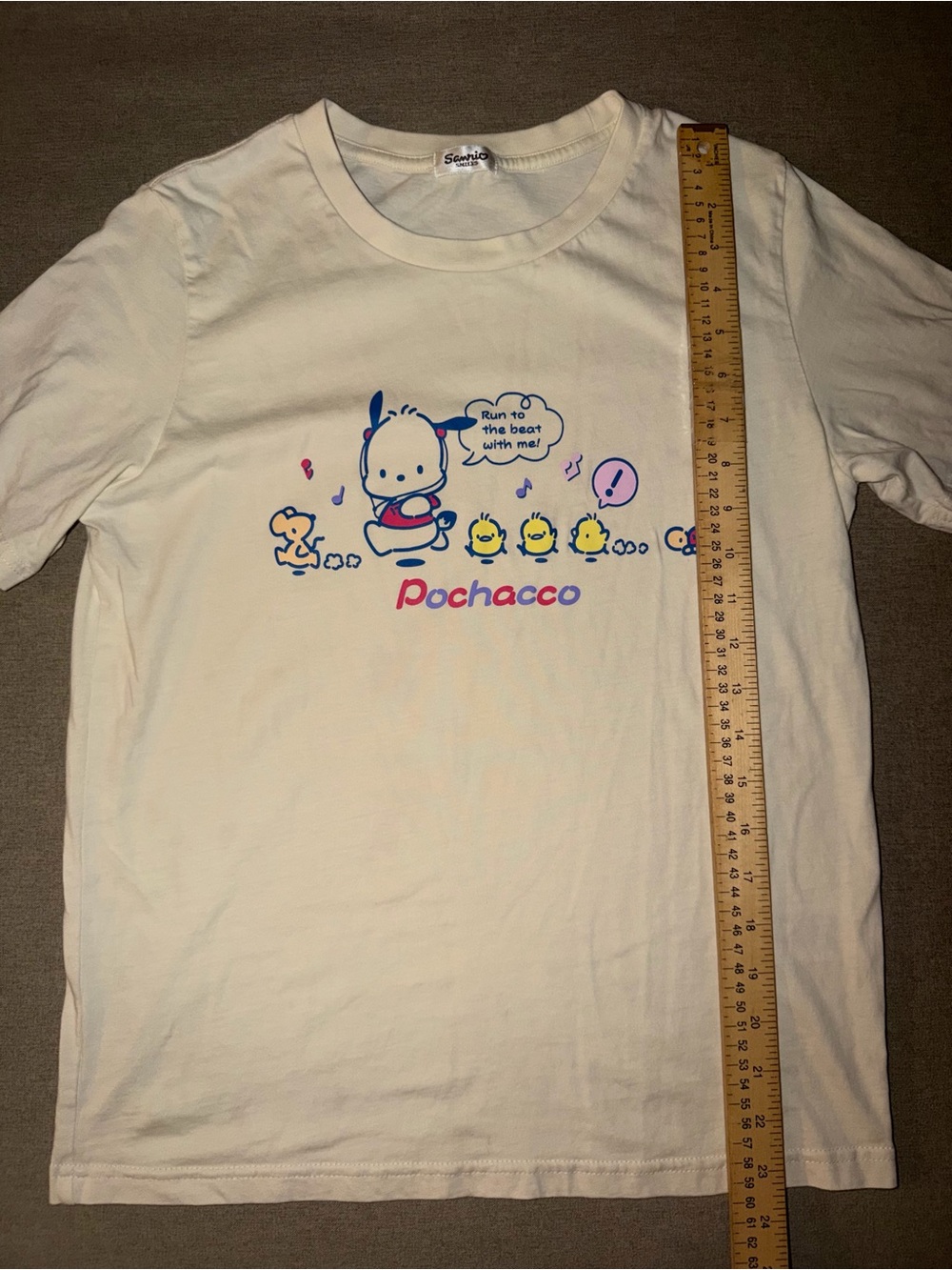 Sanrio Pochacco Cream Tee with Blue, Yellow & Pink Graphic